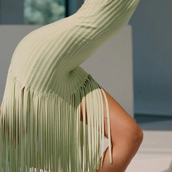 Ronny Kobo Lime Green Adkins Knit Fringe Dress - Picture 14 of 17